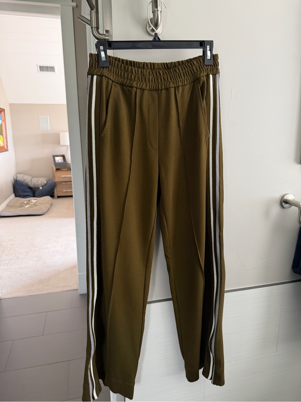 Me + EM Olive green track pants with cream grey side stripes